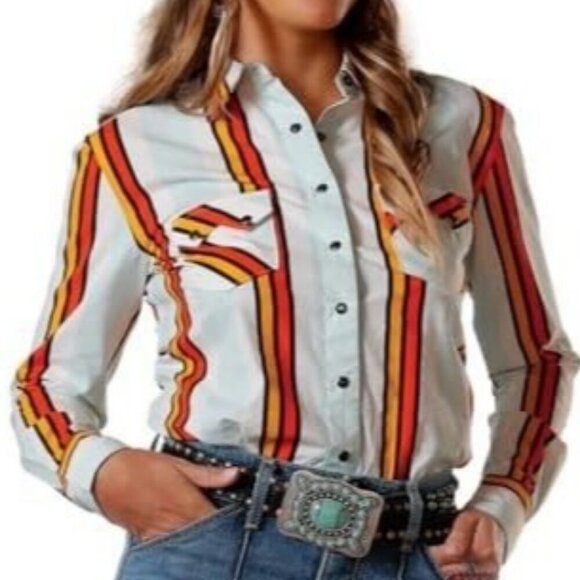 Cruel Denim Women's Long Sleeve Color Pop Stripe Retro Snap Shirt Multi - Picture 1 of 3